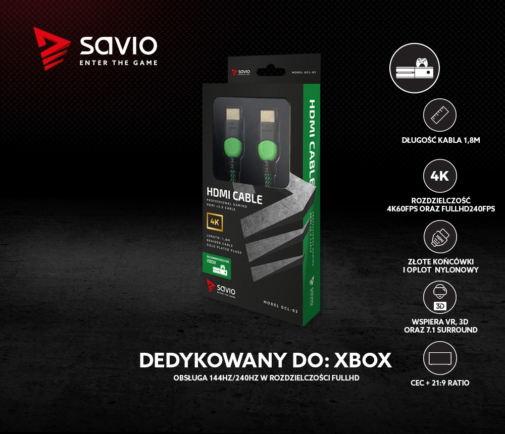 Kabel HDMI 2.0 dedykowany do XBOX zielono-czarny 1,8m, GCL-03